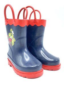Janie and Jack Rain Boots Handle Preschool Girls Size 4 Blue & Red Strawberries